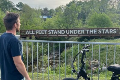 Guided Asheville E-bike Tour of River Arts, Mountains and Murals - French Broad River Park: the shaded warm-up ride